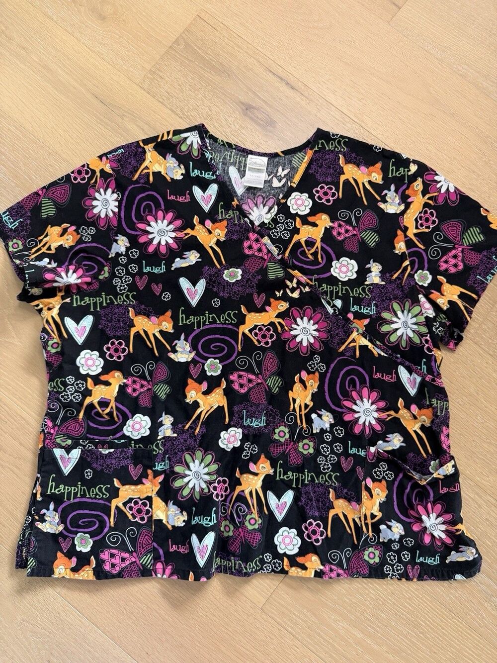 Disney Women Scrub Top 3X/3XG Black Graphic Bambi Characters Cartoon Print